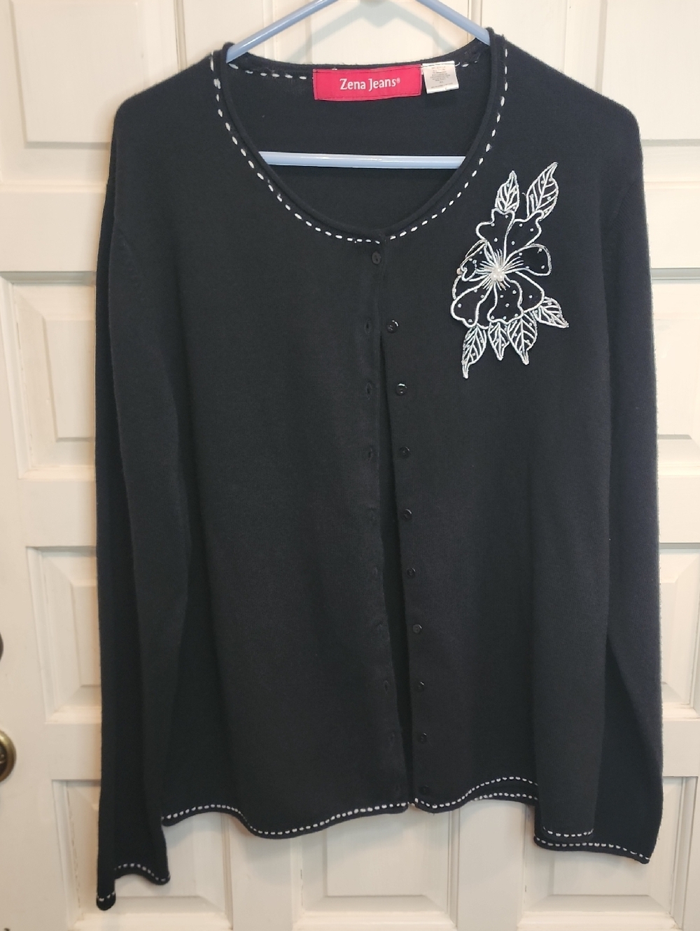 ZENA JEANS Black Sweater Floral Pearl Accents Cardigan White Stitches All Around